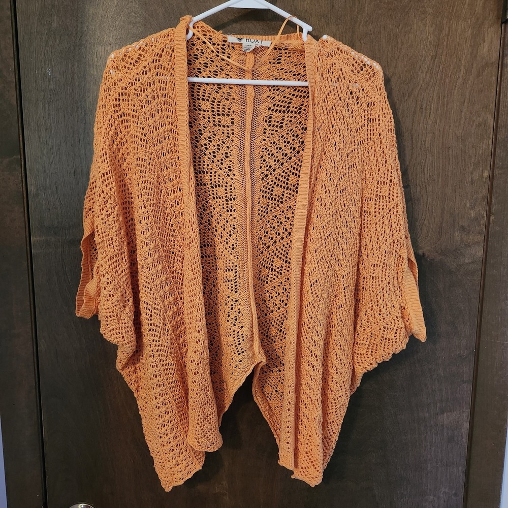 Roxy Orange Open Knit Cocoon Cardigan Sweater Women's Large Boho Lightweight...